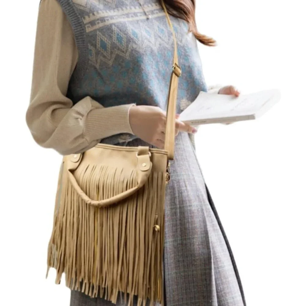 Handbag Faux Leather Shoulder Crossbody Purse with Rivets and Fringes